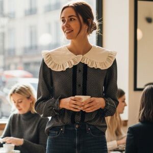 Saint Laurent Black and White Polka Dot Silk Blouse with Ruffled Collar